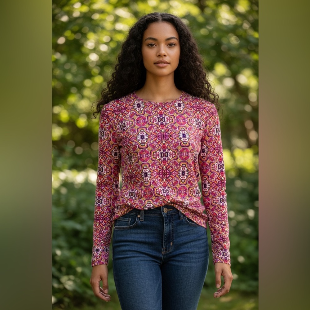 Lands End Petite Medium 10-12 Geometric Print Long Sleeve Top